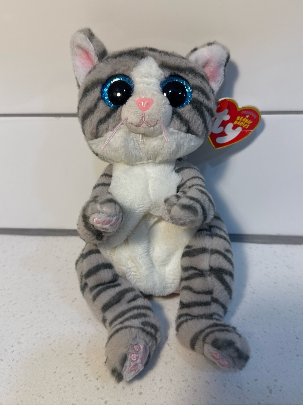 Ty Gray and White Striped Kitty with Sparkly Blue Eyes